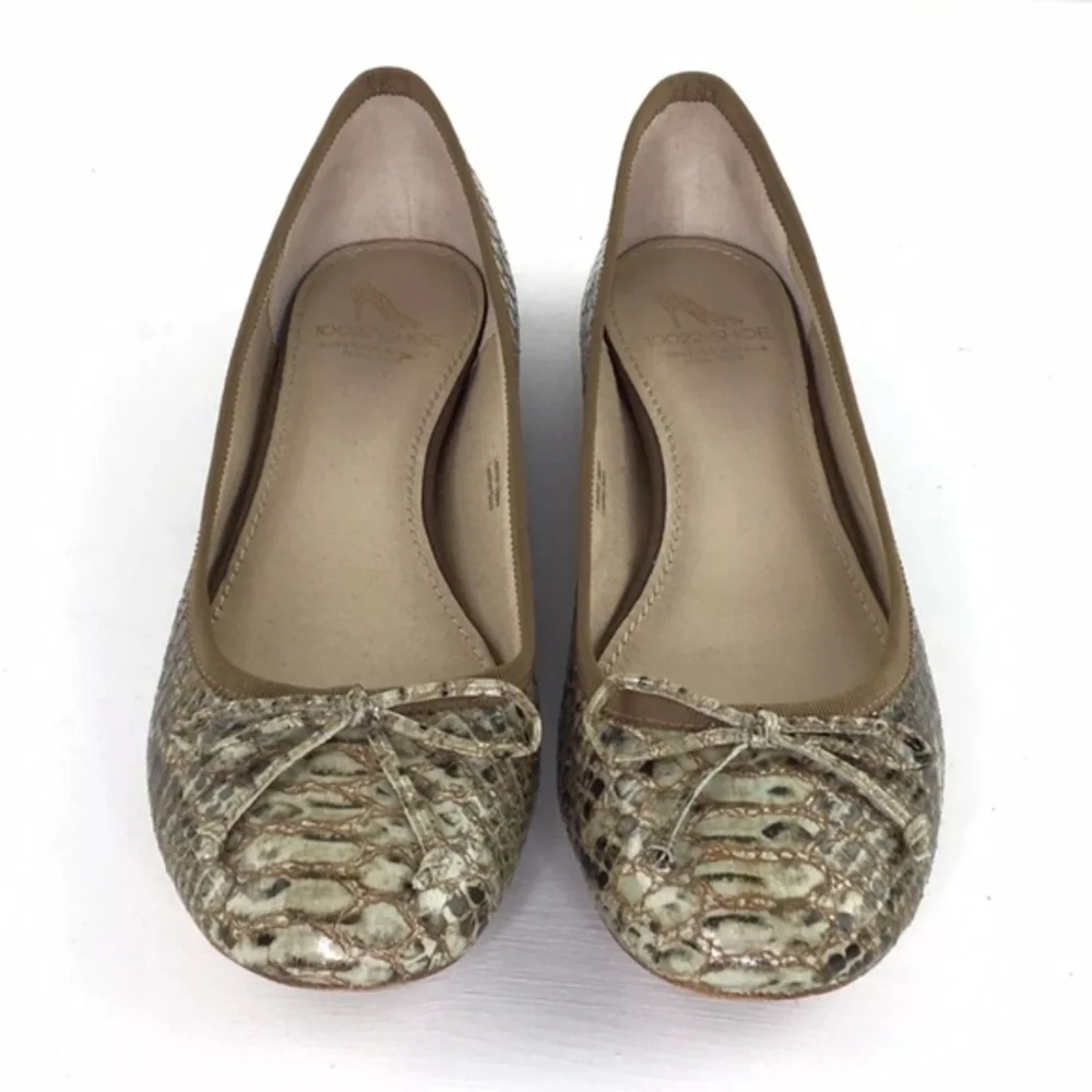 10022-Shoe Saks Fifth‎ Avenue Green/Brown Leather Snake Skin Bow Flats Sz 7